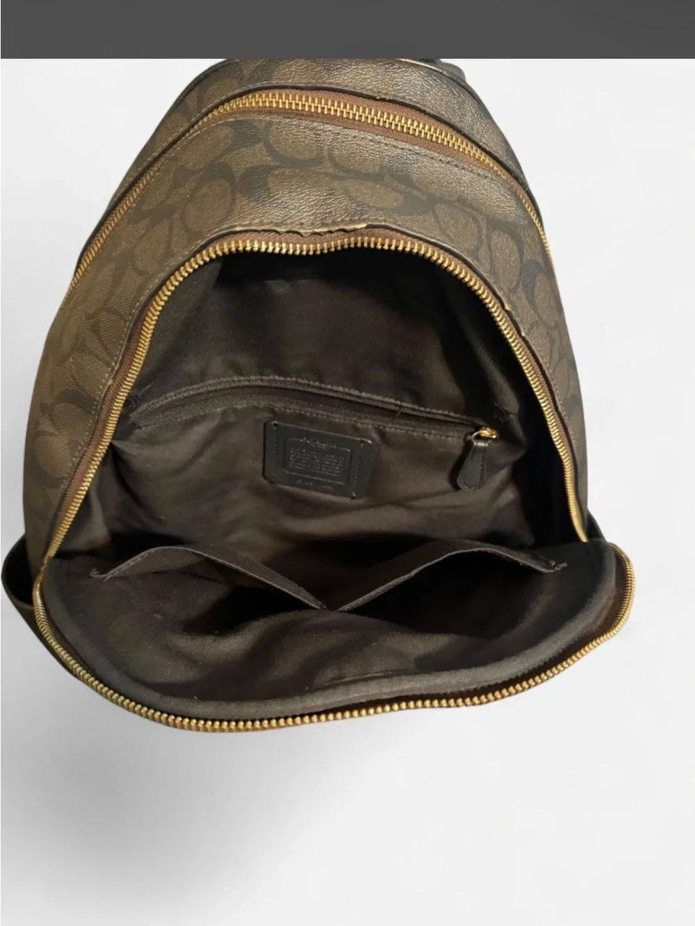 Coach Brown Signature Logo Backpack with Black Leather Trim